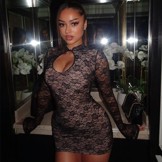 Women Clothing Spring Sexy Lace Hollow Out Cutout Slim Sheath Long Sleeve Dress Women
