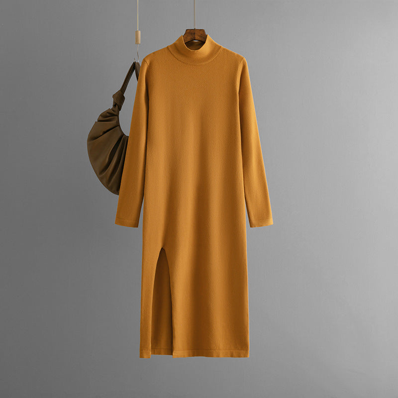 Half Turtleneck Knitted Dress Women Autumn Winter Solid Color Slit Long Sleeve Bottoming Trousers Inner Wear Woolen Dress
