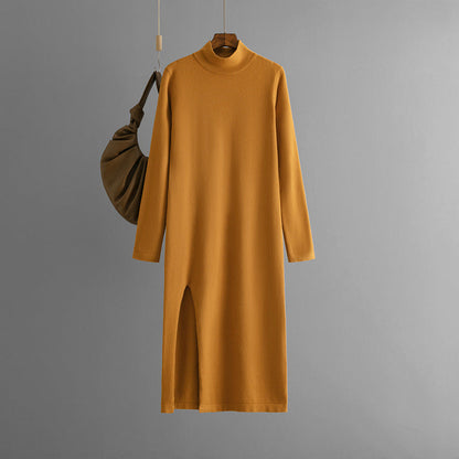 Half Turtleneck Knitted Dress Women Autumn Winter Solid Color Slit Long Sleeve Bottoming Trousers Inner Wear Woolen Dress