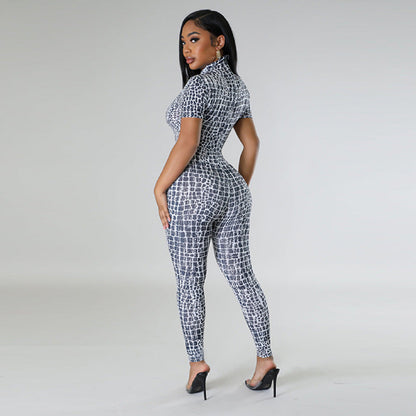 Women Trousers Printed Tight Sexy Women Short Sleeved Jumpsuit