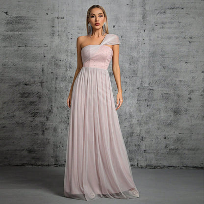 One Shoulder Evening Dress Adult Ceremony Ball Gauze Waist Slimming Elegant Dress Annual Party Evening Dress Women