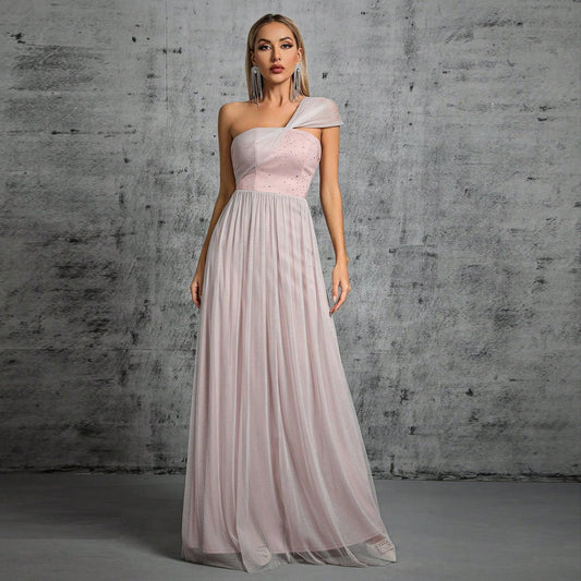 One Shoulder Evening Dress Adult Ceremony Ball Gauze Waist Slimming Elegant Dress Annual Party Evening Dress Women