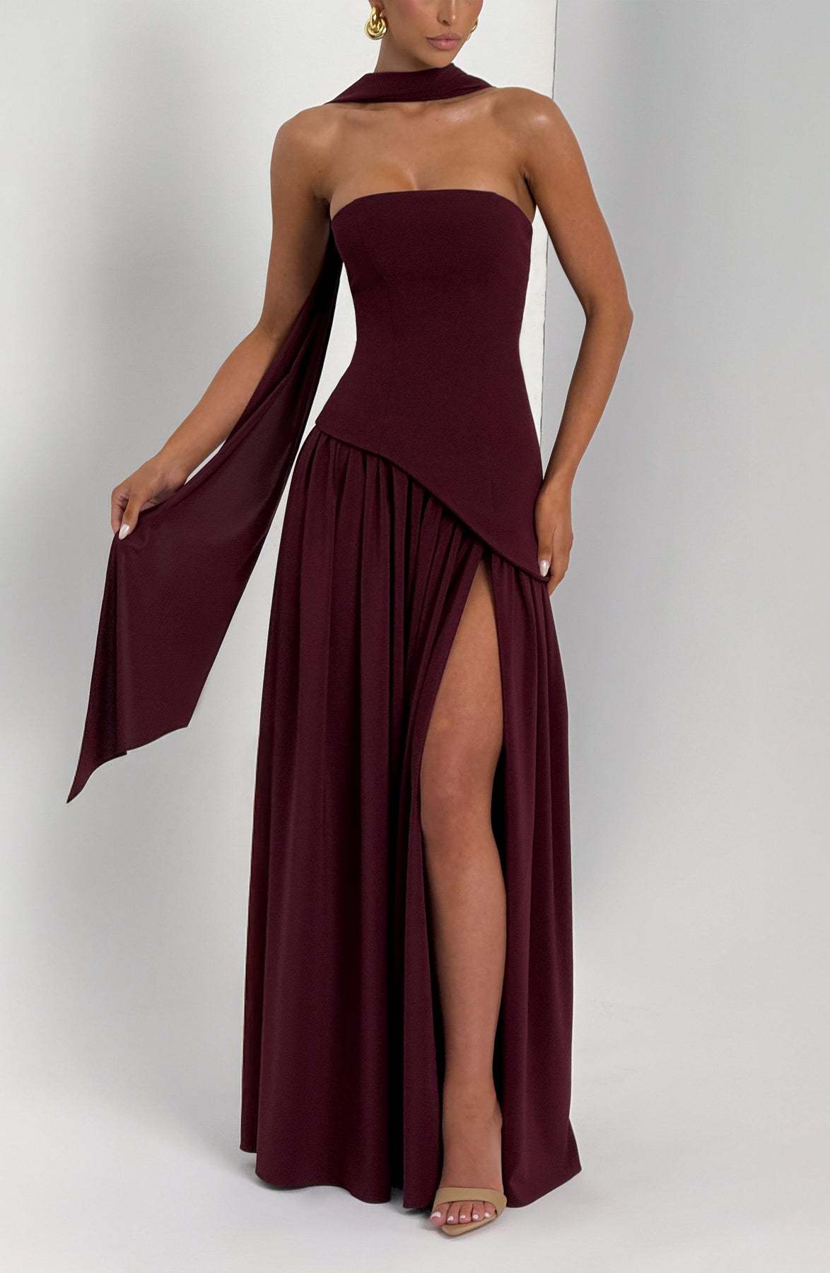  Strapless Back Lace-up High Slit Splice Maxi Dress