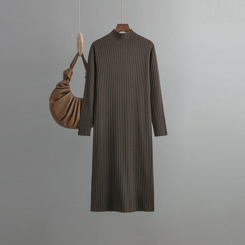 Women Knitted Bottoming Dress, Autumn Winter Half High Collar Mid Length Dinified Sweater Over the Knee