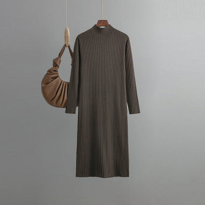 Women Knitted Bottoming Dress, Autumn Winter Half High Collar Mid Length Dinified Sweater Over the Knee
