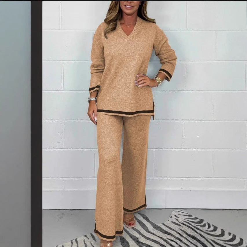 New Autumn Winter Casual Solid Color Knitted Long Sleeve Trousers Sets