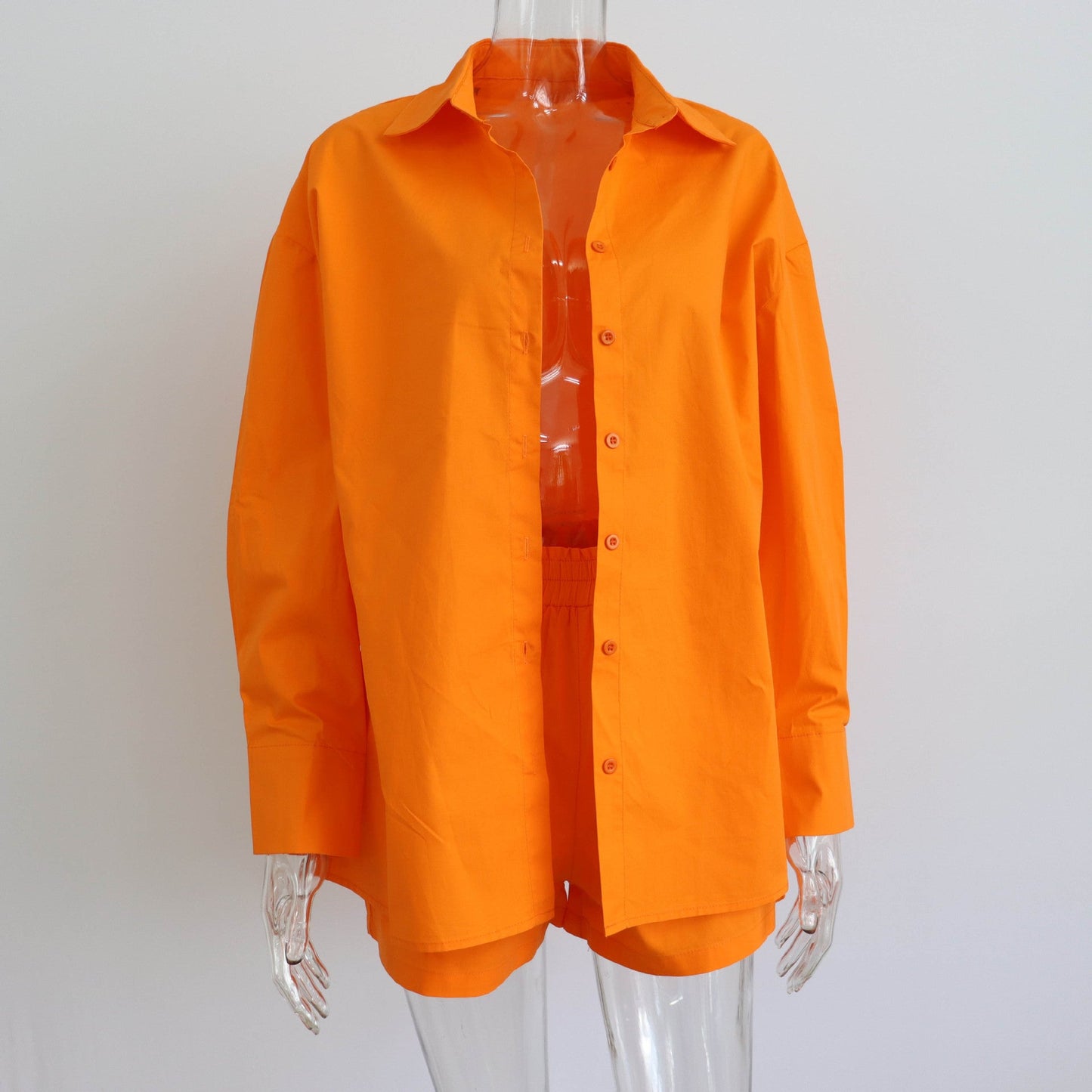 Spring Summer Two Piece Set Solid Color Single Breasted Long Sleeve Collared Shirt Shorts Loose Casual Set