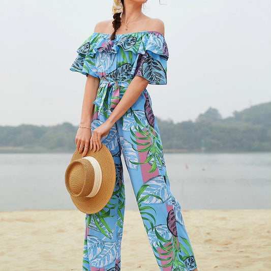Women Clothing Fashion off-Shoulder Floral Jumpsuit Summer Short Sleeve Chiffon Vacation Beach Jumpsuit