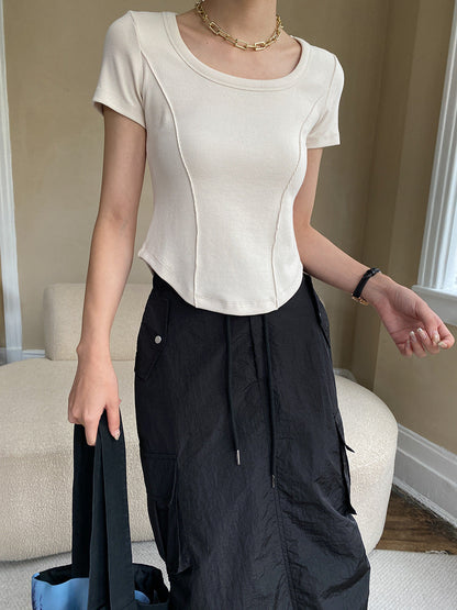 Boning Corset Double Stitching Ant Waist Curved Hem Cut U Neck Slim Fit Shoulder Short Sleeve T Shirt
