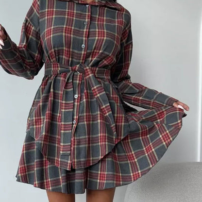 Casual Check Skirt Set Women Collared Loose Shirt Lace up Pleated Skirt Two Piece Set