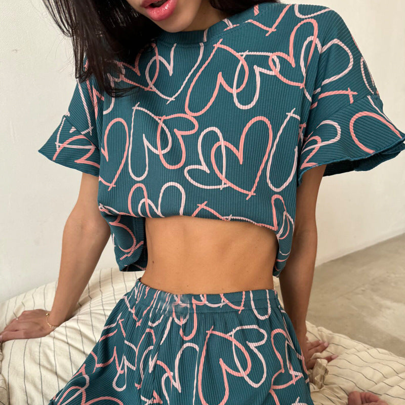 Summer Ladies Casual Printing Suit Ruffled Short Sleeve round Neck Shorts Pajamas Two Piece Set