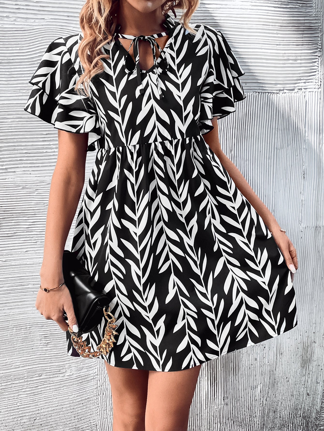 Women Clothing V-neck Printed High Waist Dress