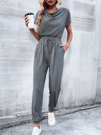 Women Clothing Short Sleeved Casual Wide Leg Jumpsuit