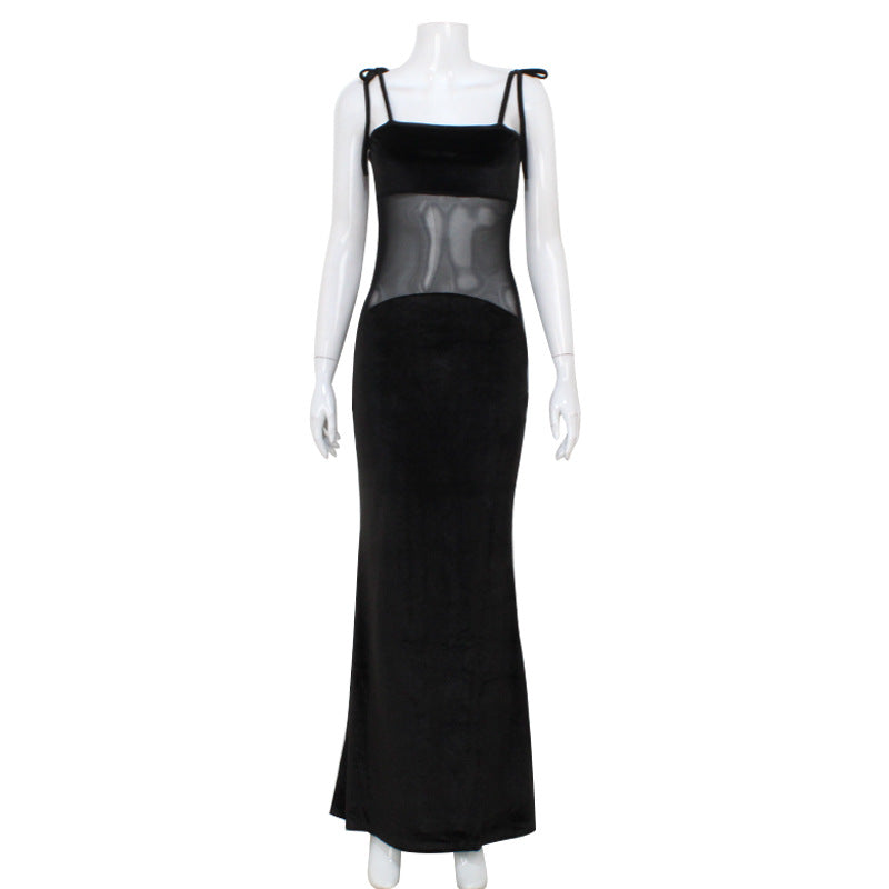 Women Sexy Low Cut Mesh Stitching See through Sling Dress Elegant Slim Dress Women