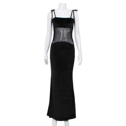 Women Sexy Low Cut Mesh Stitching See through Sling Dress Elegant Slim Dress Women