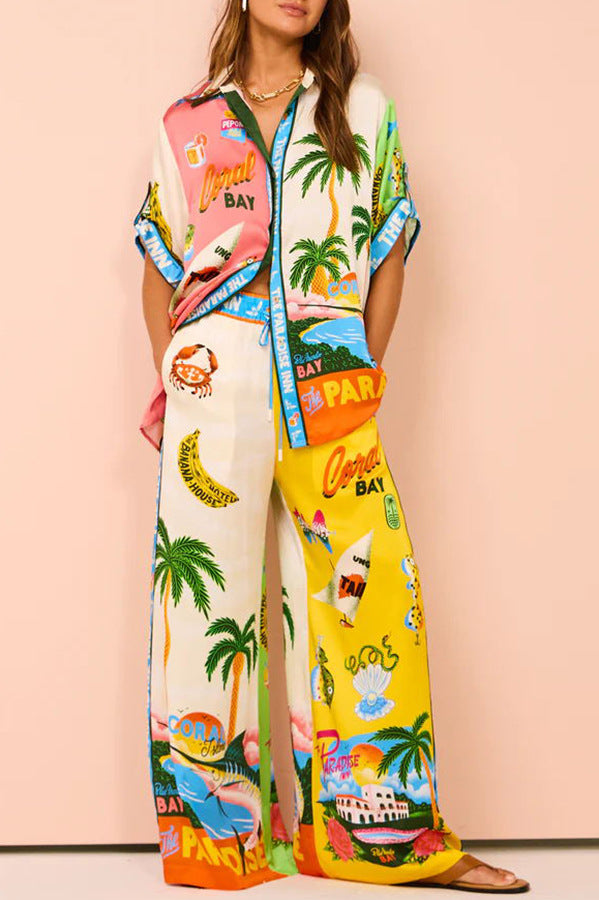 Graffiti Printing Satin Short Sleeve Collared Shirt Trousers Casual Two Piece Suit