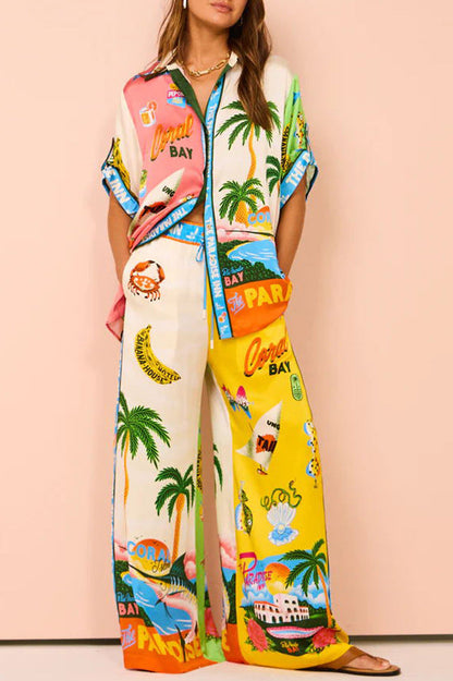 Graffiti Printing Satin Short Sleeve Collared Shirt Trousers Casual Two Piece Suit