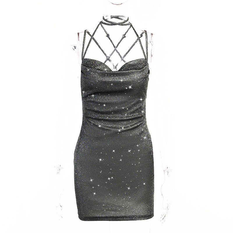 Sling Thin Glittering Sexy Backless Lace Up Dress Elegant Sexy Dress Hip Dress Women