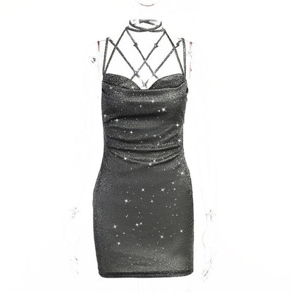 Sling Thin Glittering Sexy Backless Lace Up Dress Elegant Sexy Dress Hip Dress Women