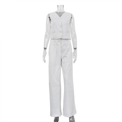 Striped Vest Trousers Summer Women Casual Wear Office Two Piece Set