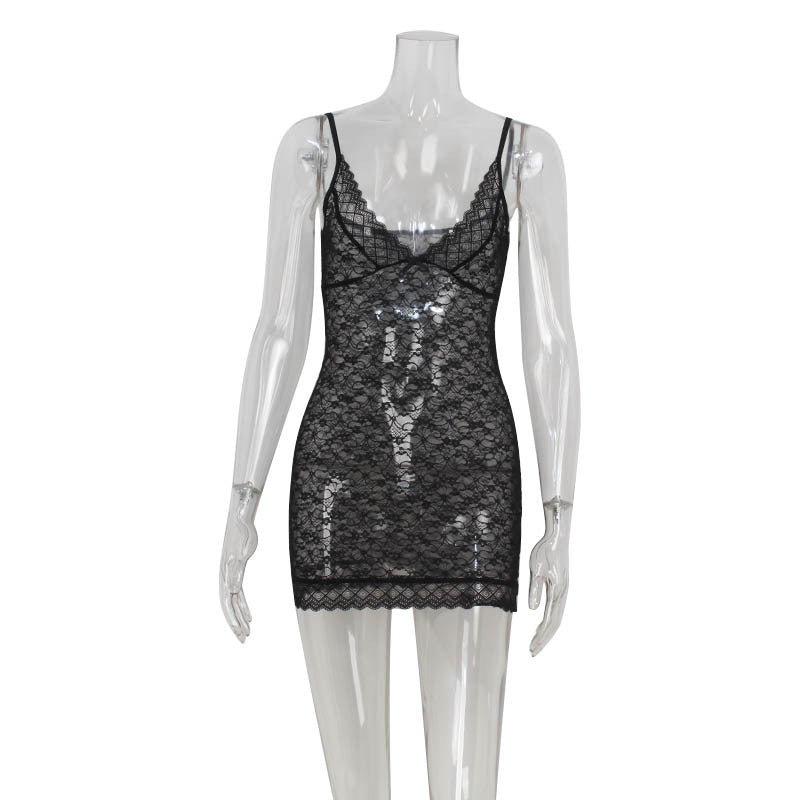 Women Clothing Sexy Low Cut Sling Lace See through Sexy Sheath Dress