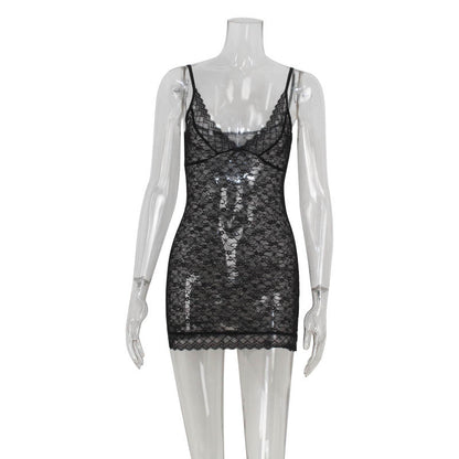 Women Clothing Sexy Low Cut Sling Lace See through Sexy Sheath Dress