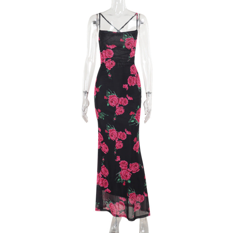 Spring Maxi Dress Sexy Spaghetti Strap Floral Print Backless Lace up Dress