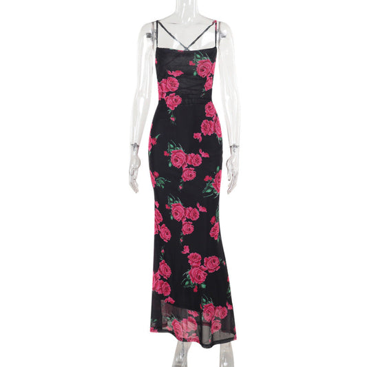 Spring Maxi Dress Sexy Spaghetti Strap Floral Print Backless Lace up Dress