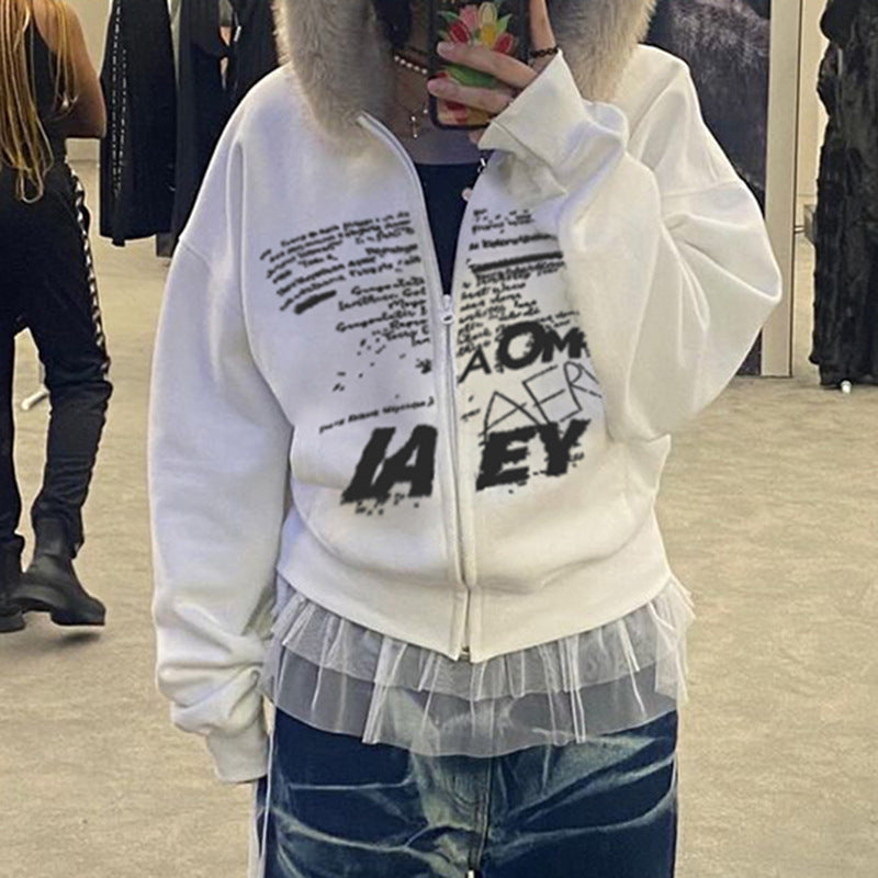 Retro Simple Letter Graphic Print Furry Stitching Hooded Cardigan Top Autumn Winter Thermal Velvet Sweatshirt Coat