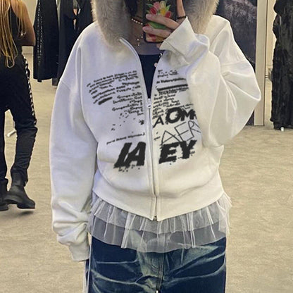 Retro Simple Letter Graphic Print Furry Stitching Hooded Cardigan Top Autumn Winter Thermal Velvet Sweatshirt Coat