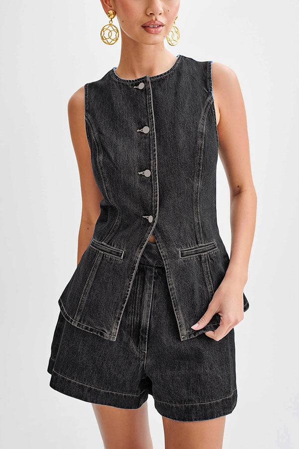 Abel Denim Button Up Princess Seams Pocket Vest Top