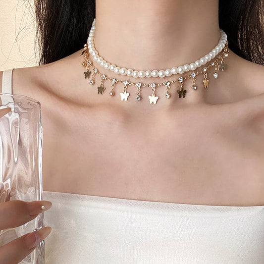 Faux pearl layered tassels choker necklace  | Festival Outfits Women