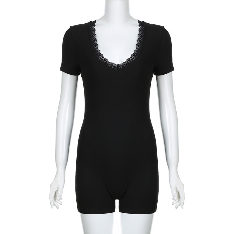 Casual Sexy Women Lace V neck Patchwork Personality Street Spring Summer Tight Short Sleeved Jumpsuit