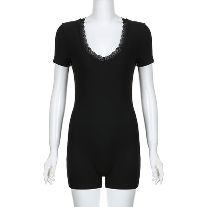 Casual Sexy Women Lace V neck Patchwork Personality Street Spring Summer Tight Short Sleeved Jumpsuit