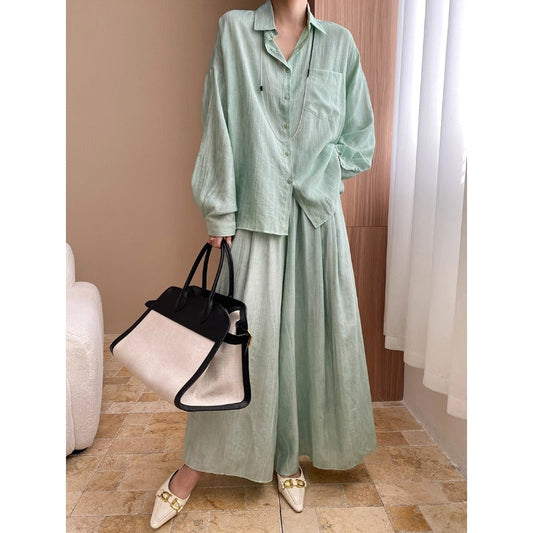 Early Spring Tencel Lyocell Fried Color Tie Dyed Loose Shirt Culottes Two Piece Sets