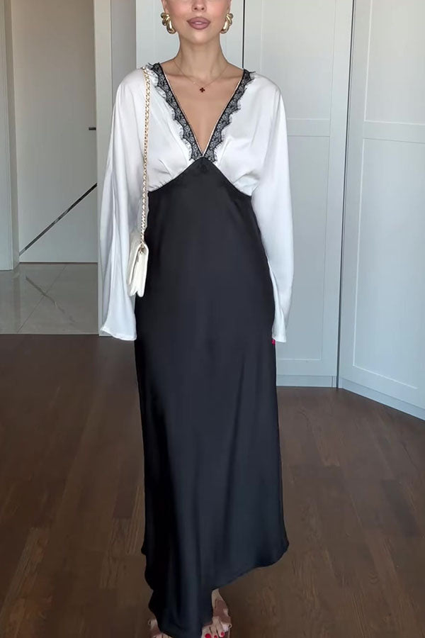 Lainei Contrast Color Satin Lace Trim V-neck Long Sleeve Maxi Dress