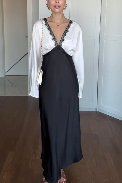 Lainei Contrast Color Satin Lace Trim V-neck Long Sleeve Maxi Dress