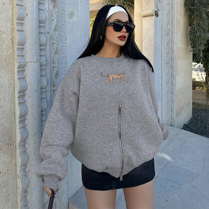 Women Clothing Winter round Neck Zipper Leopard Print Long Sleeve Loose Fitting Casual Pullover Coat
