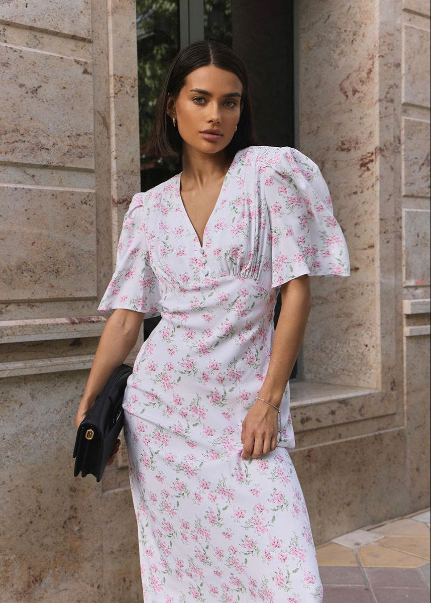 Blossom Grace - Pink Floral Midi Dress with Puff Sleeves