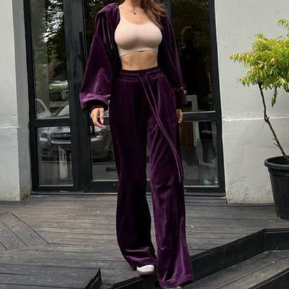 Early Autumn Gold Velvet Zipper Drawstring Casual Suit Women