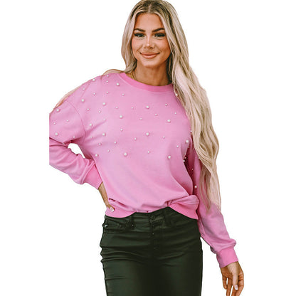 Autumn Winter Solid Color round Neck Drop Shoulder Long Sleeve Top Women Pearl Beaded Pullover Women
