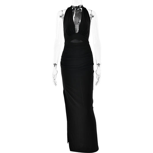 Summer Sexy V neck Halter Backless Dress Solid Color Split Dress
