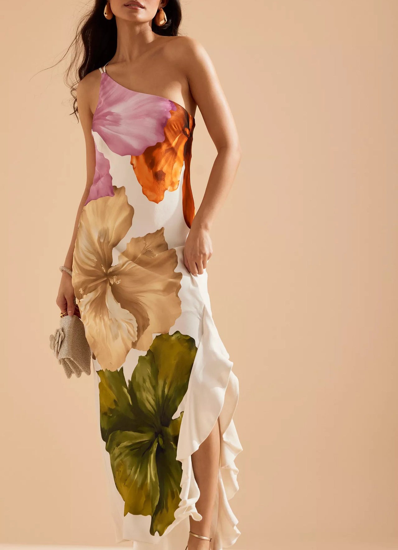 Ladies' Fashion Design Flower Printed Elegant Single Shoulder Side Ruffle Long Dress