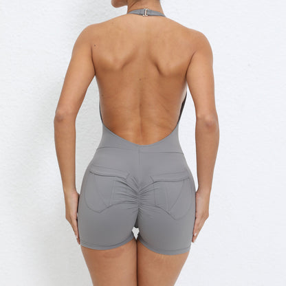 Halter Pocket Nude Feel Hip Lifting Beauty Back Yoga Jumpsuit Women Backless Fitness Sports Tight Jumpsuit
