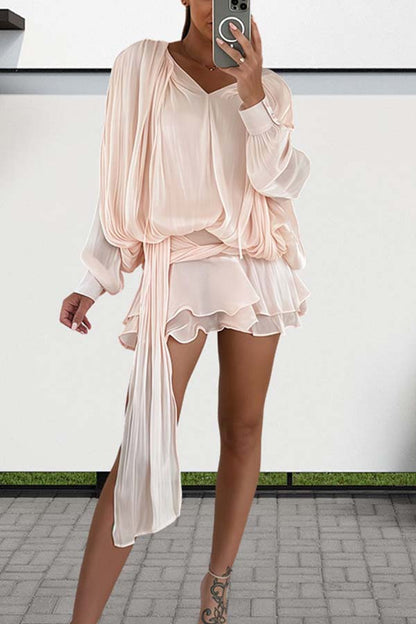Ninah Glitter Fabric Pleated Balloon Sleeve Tiered Ruffle Hem Mini Dress