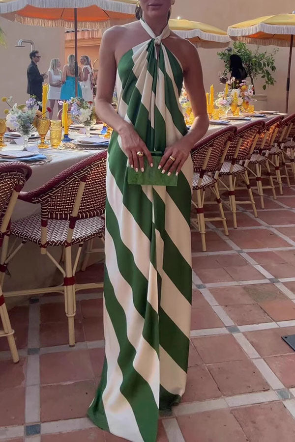 Most Dreamy Stripe Print Halter Tie-up Backless Pocket Loose Maxi Dress