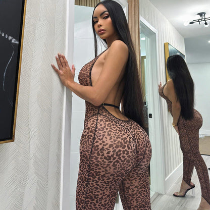 Summer Leopard Print Printed Sexy V-neck Backless Slim Fit Halter Jumpsuit