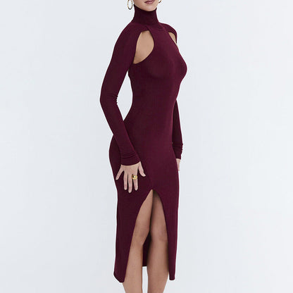 Women Sexy Slim Deep Cerise Hollow Out Cutout Split Mid Length Dress