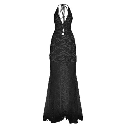 Vacation Sexy Lace Back Hollow Out Cutout out Strap Halter Deep V Plunge neck Slim Fit Dress Sexy See through Dress