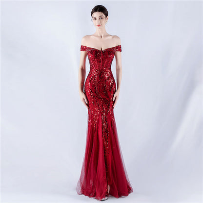 Dress Craft Beaded Mesh Sequin Evening Dress Annual Meeting Performance Host